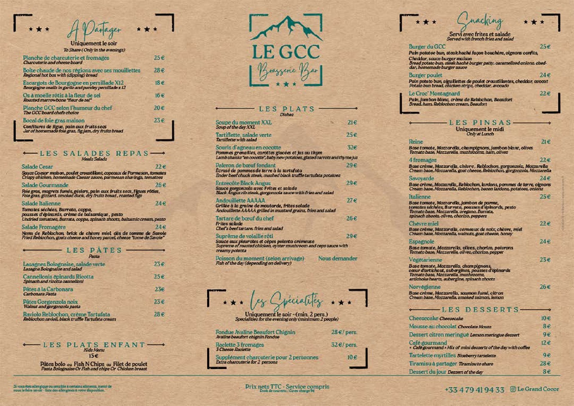 Carte restaurant le Grand Cocor 1080